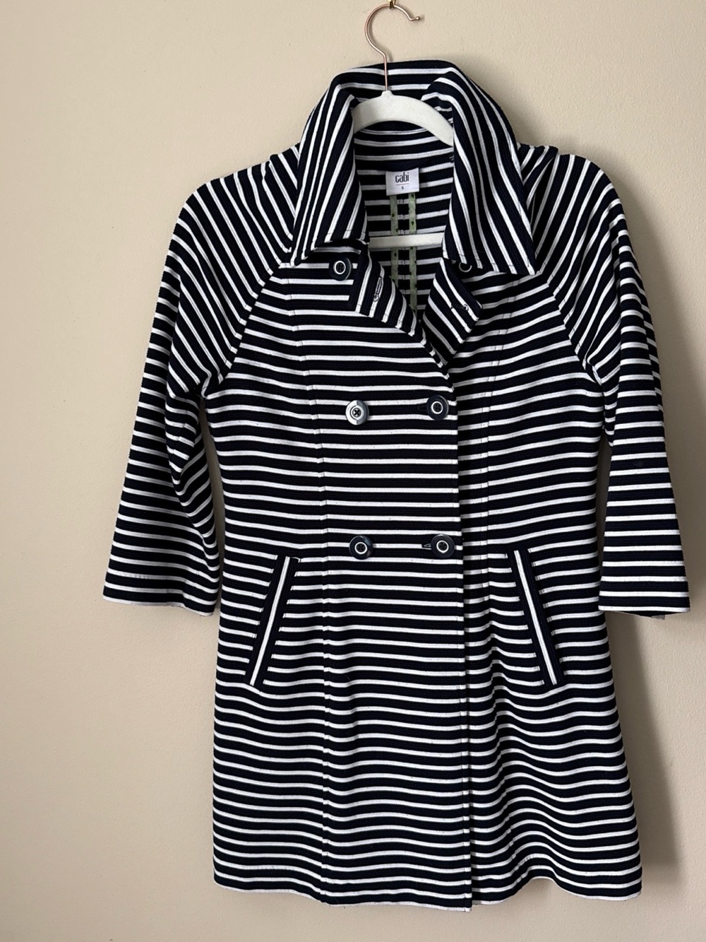 CAbi Black & White Striped Double-Breasted Trench Coat